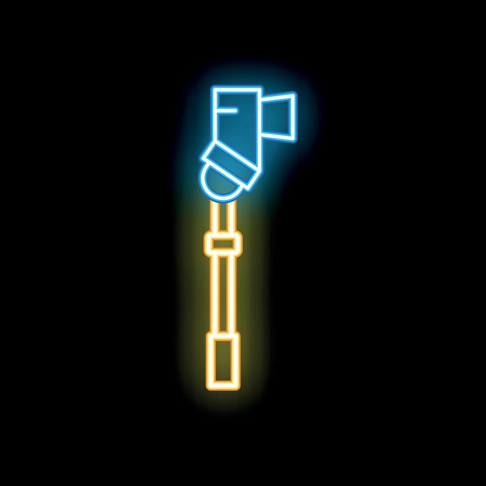 Blue and yellow neon studio light on tripod glowing on black background vector