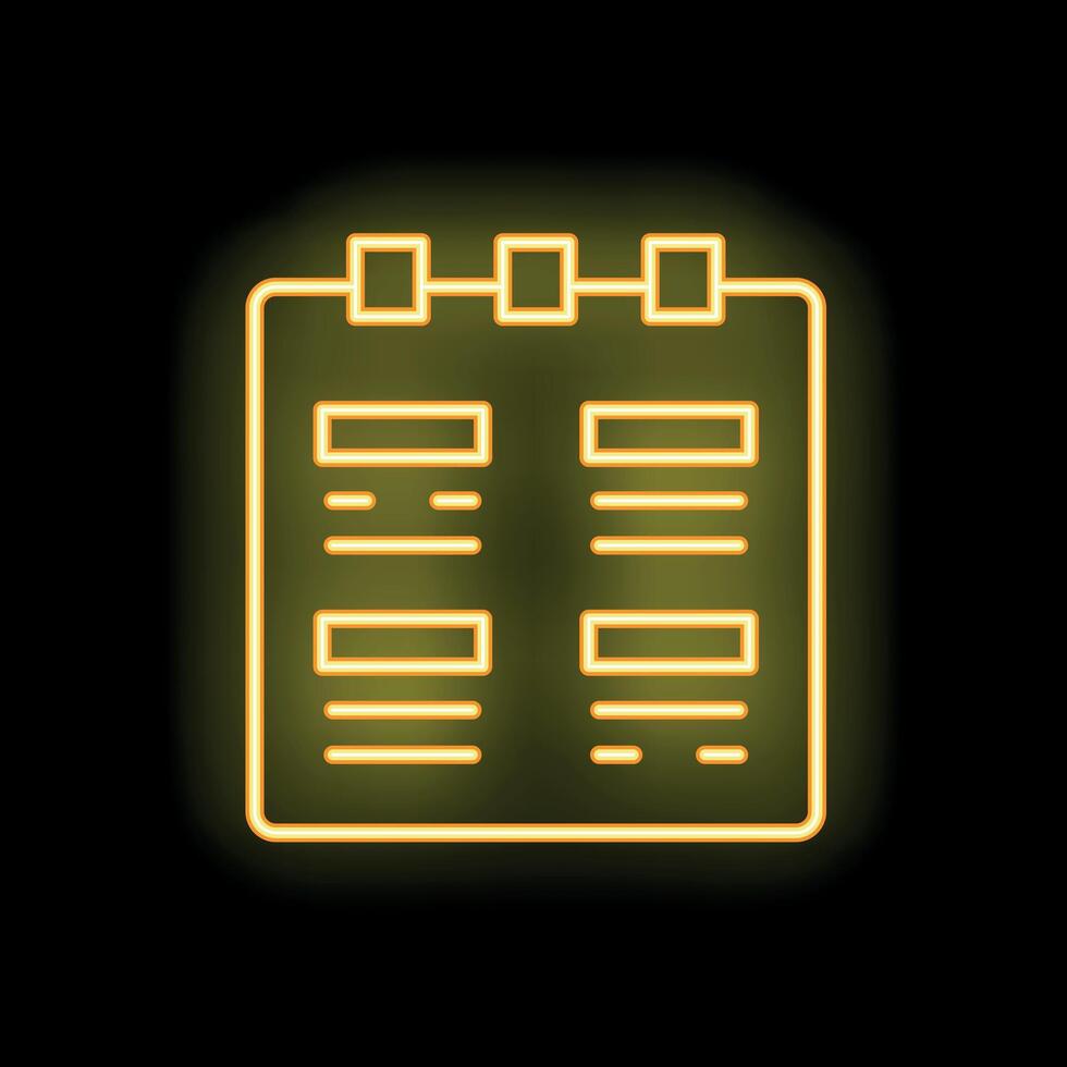 Bright neon yellow notepad icon glowing on a black background vector