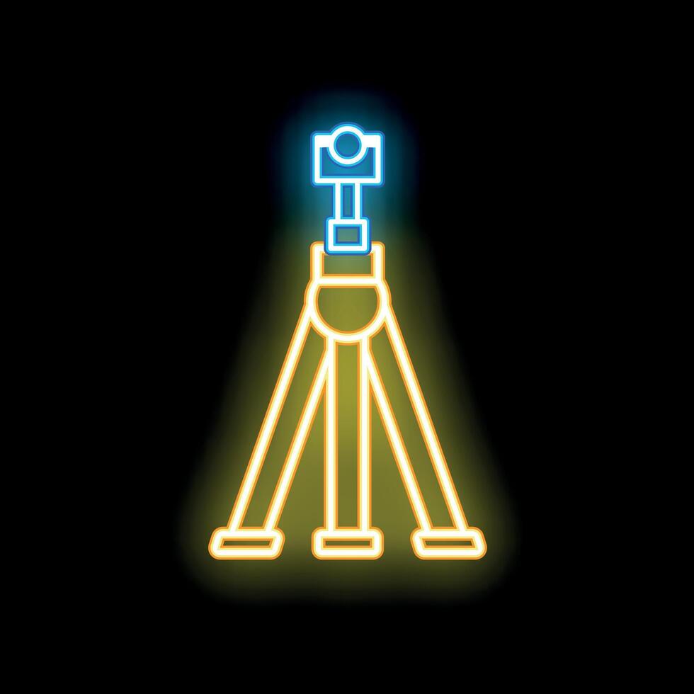 Neon camera tripod icon glowing on dark background vector
