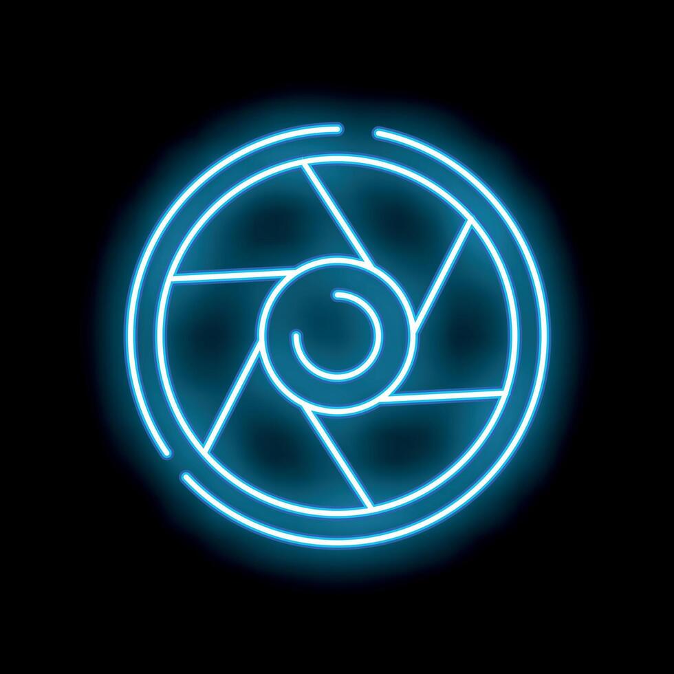 Blue neon camera shutter glowing on black background vector