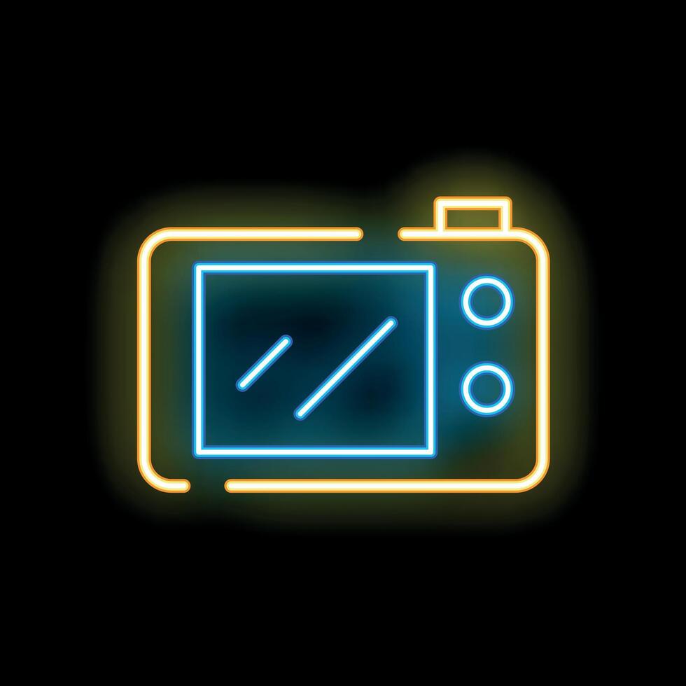 Neon sign depicting microwave oven with glowing lines on black background vector