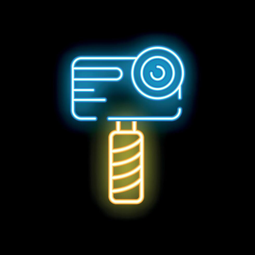 Neon sign of action camera for vlogging and travel mounted on a selfie stick vector