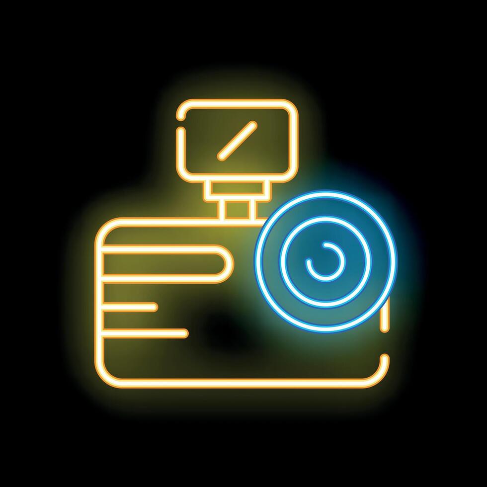 Glowing neon line icon representing a photo camera with flash vector