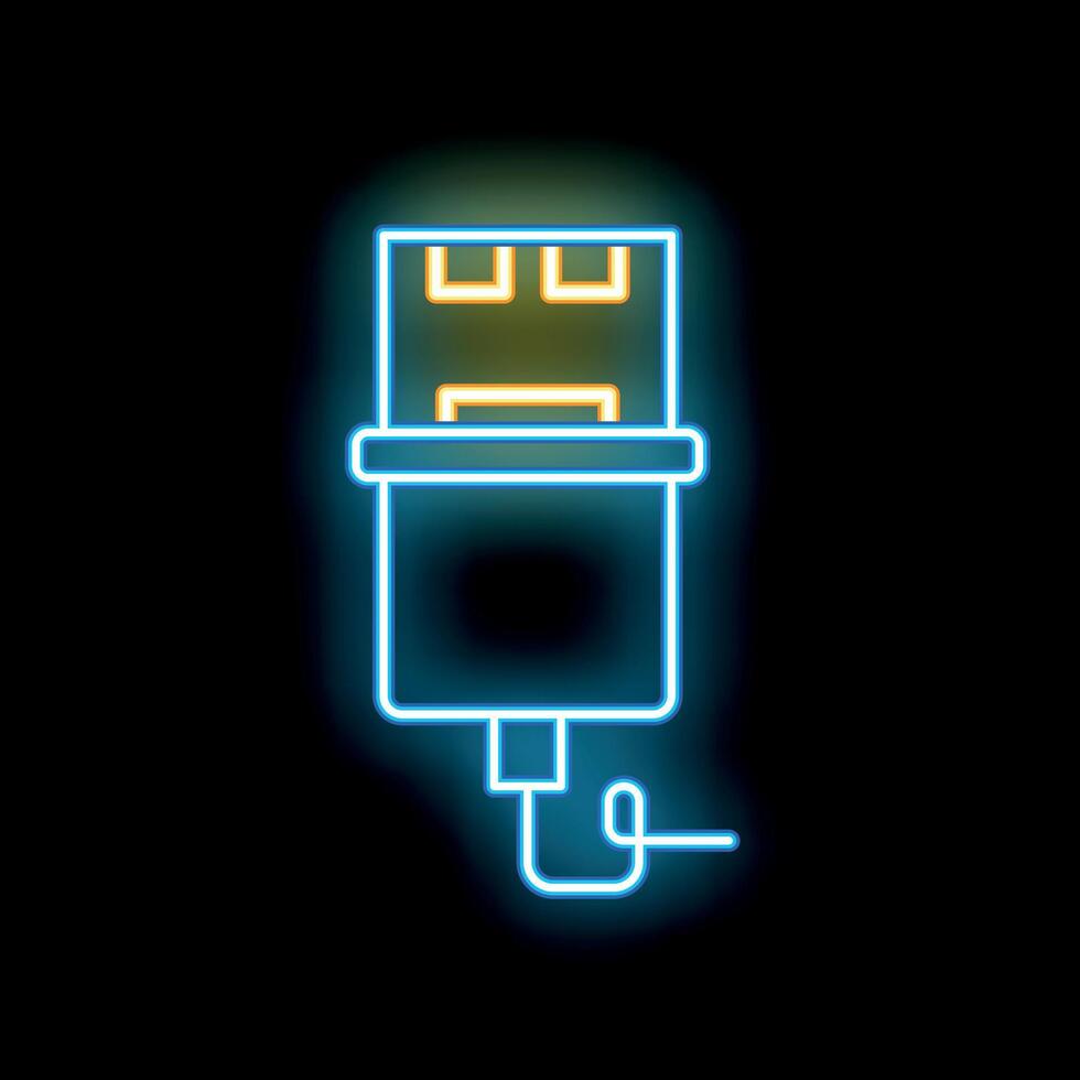 Blue neon usb flash drive icon glowing on black background vector