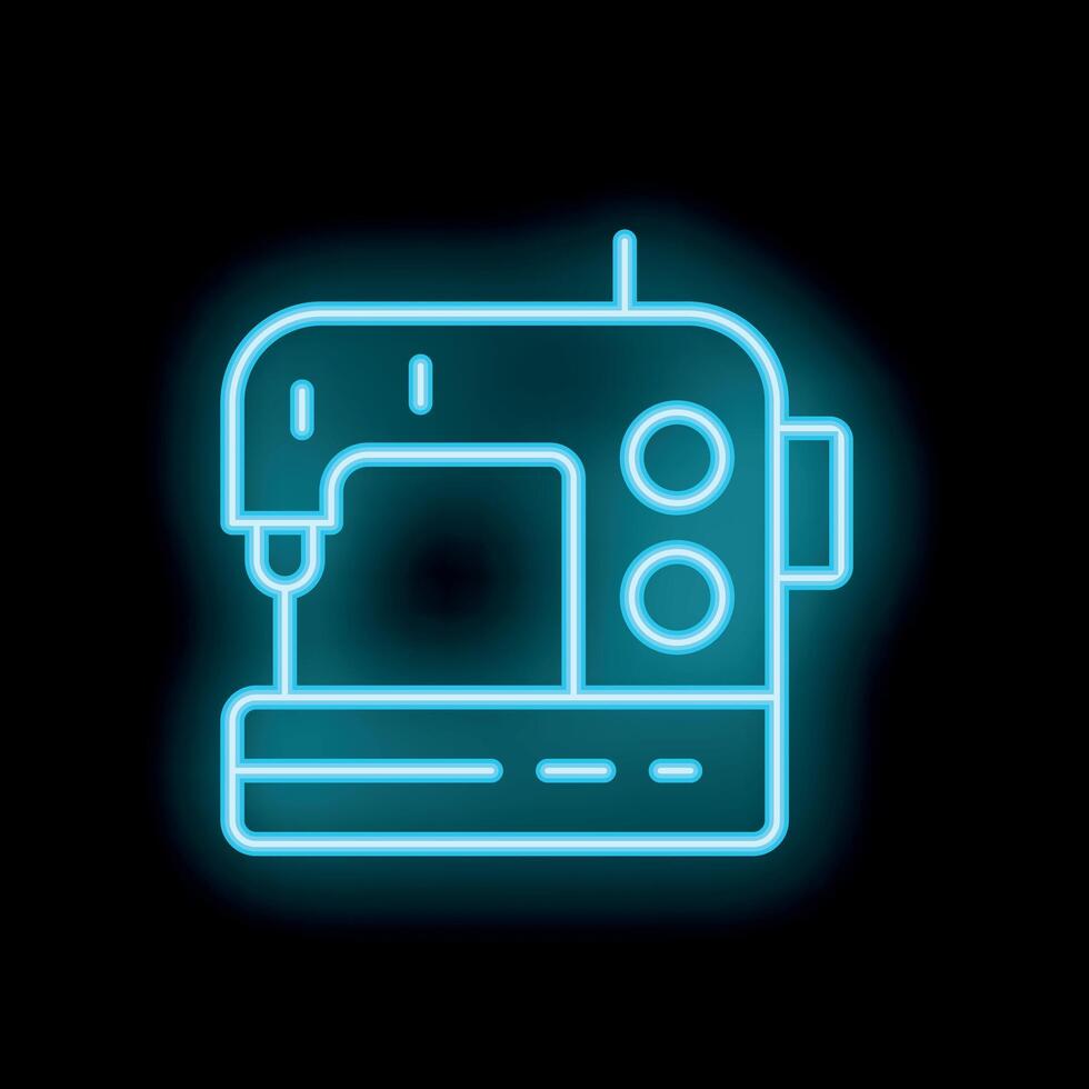 Neon icon of a sewing machine glowing on black background vector