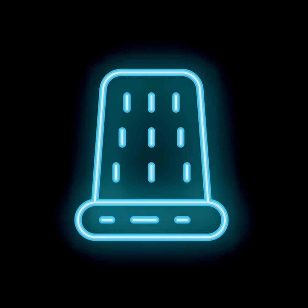 Blue neon thimble icon glowing against a black background vector