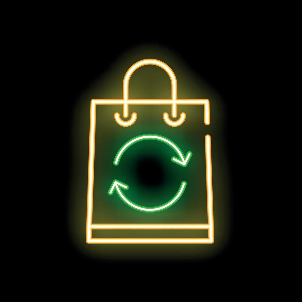 Neon icon of reusable paper shopping bag with recycle symbol glowing on dark background vector