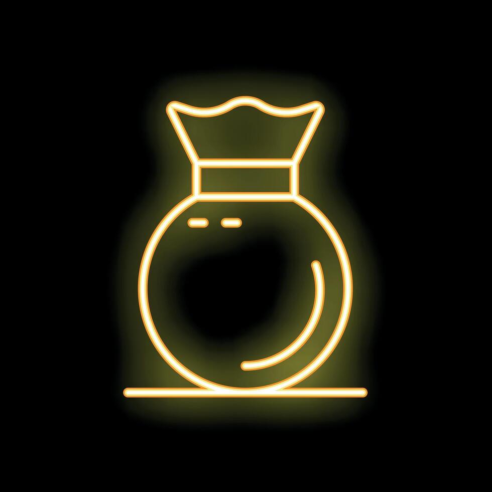 Yellow neon sign of full sack with crown shape on top against black background vector
