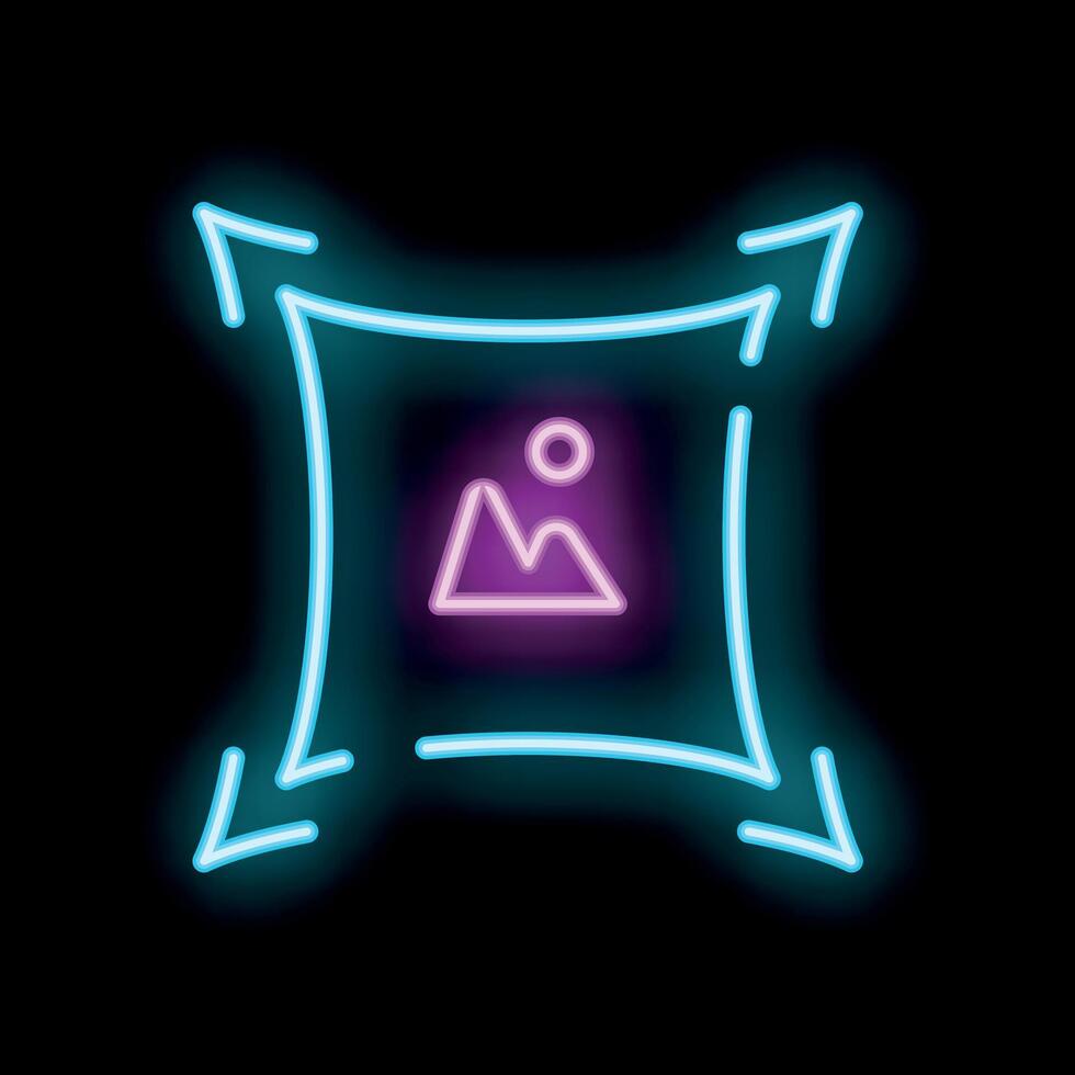 Neon icon of image being stretched by four arrows on black background vector