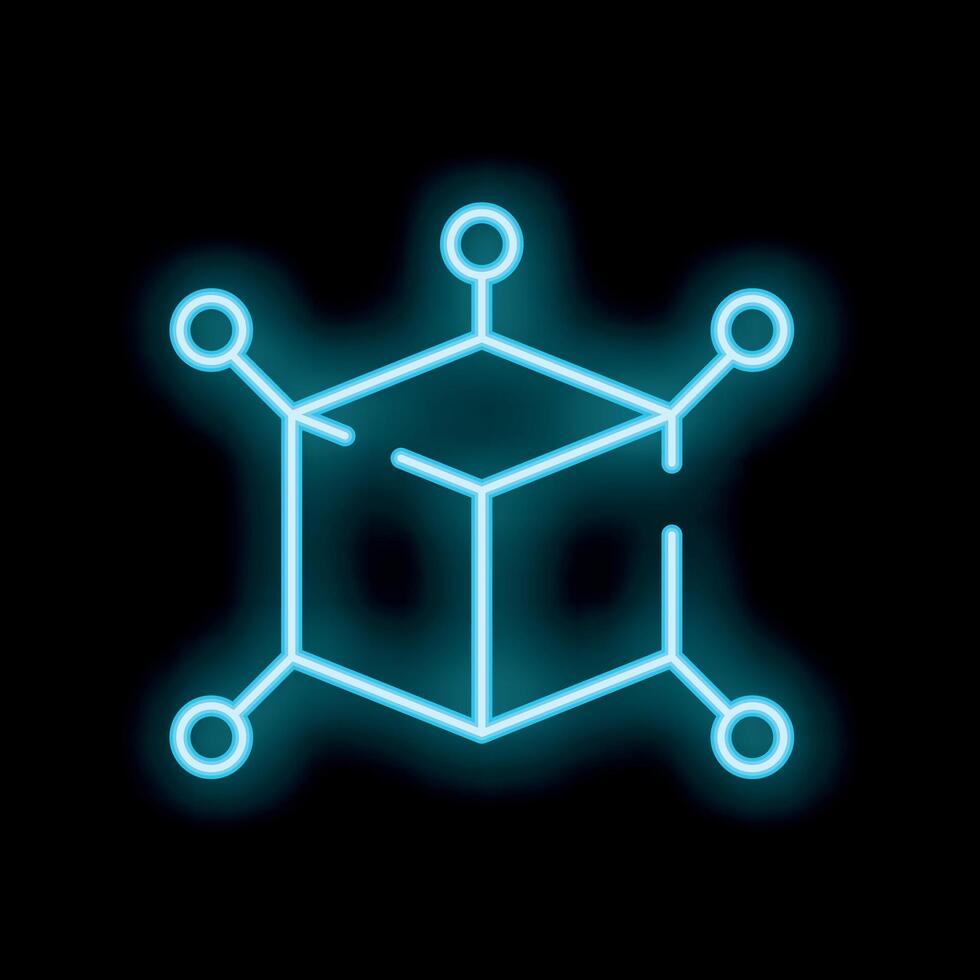 Neon blue blockchain cube connecting with circles on black background vector