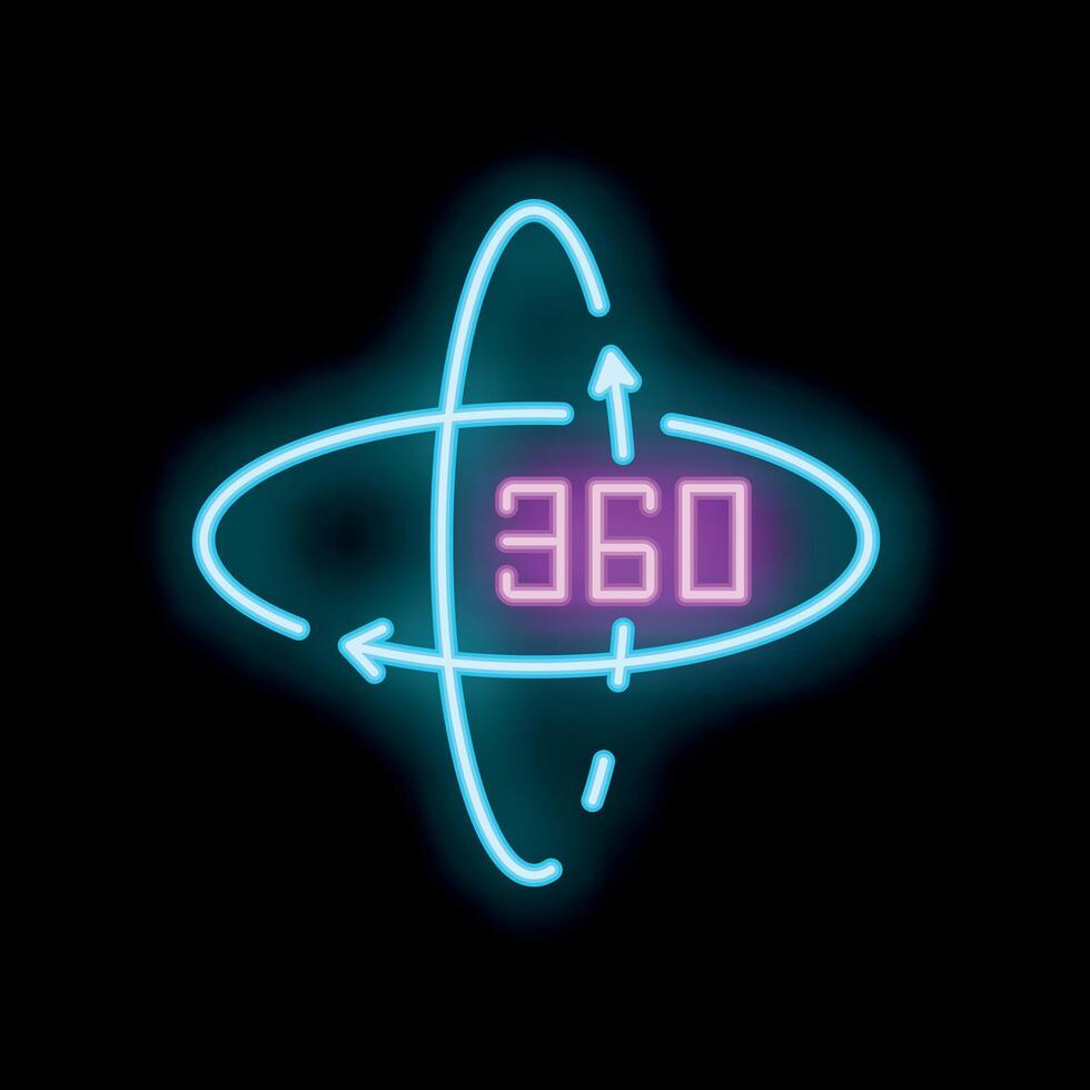 Neon 360 degrees rotation sign with arrows on black background vector