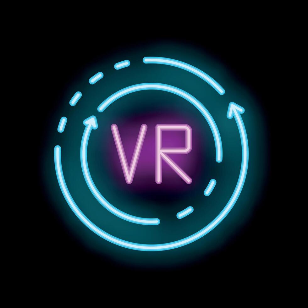 Neon vr logo glowing with rotating arrows on black background vector