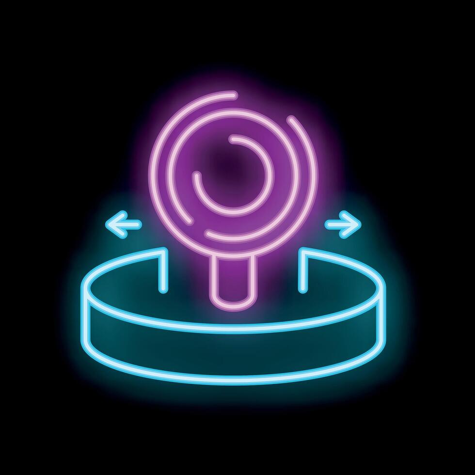 Neon icon of magnifying glass analyzing on platform with arrows pointing to center vector