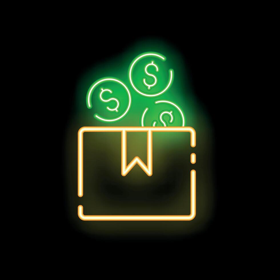 Neon sign of donation box receiving money with dollar coins falling in vector