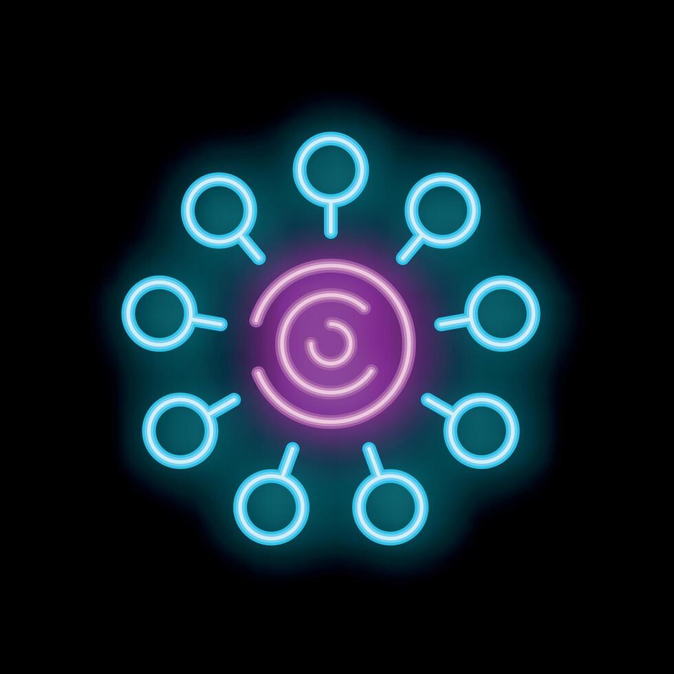 Neon icon of information spreading from central source to multiple destinations vector