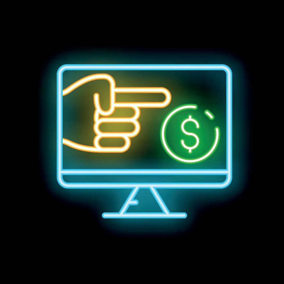Neon icon of hand pointing at dollar sign on computer screen vector