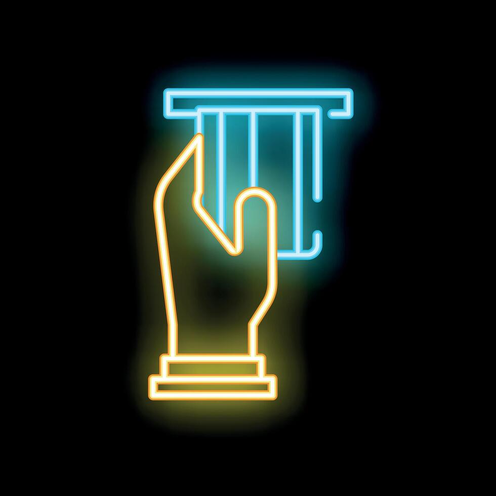 Hand holding credit card near pos terminal neon sign on black background vector
