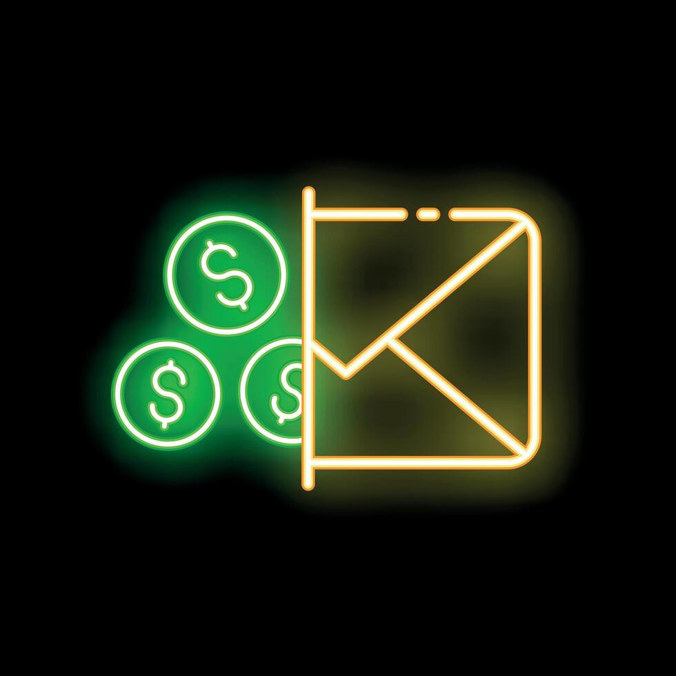 Neon sign representing sending money online with dollar coins entering an envelope vector