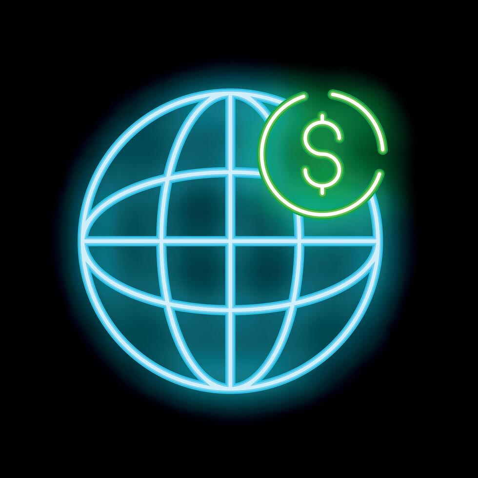 Neon sign representing global business and finance with glowing globe and dollar symbol vector