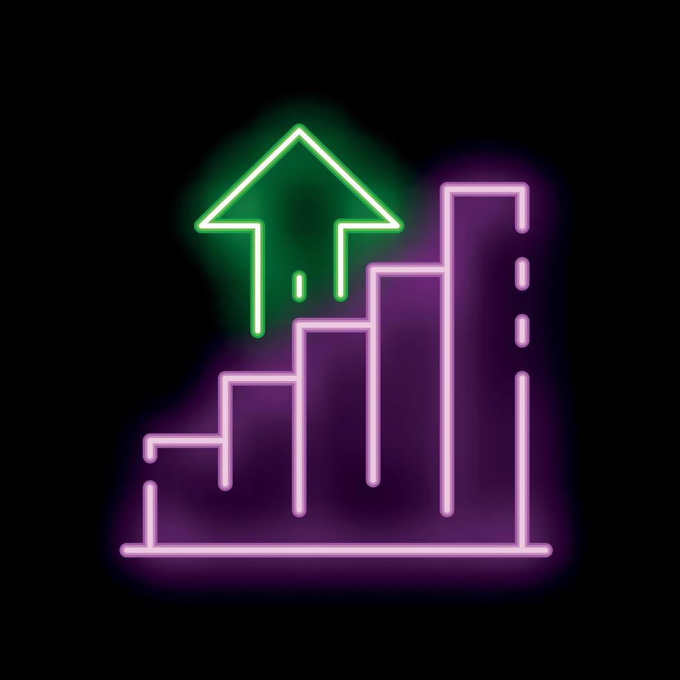 Neon sign depicting growing bar chart with up arrow on black background vector