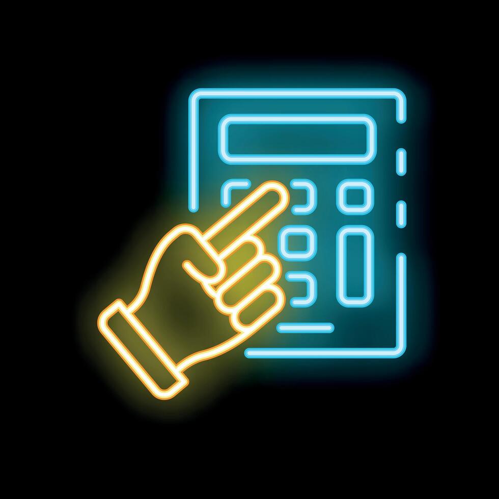 Hand pointing calculator neon sign on black background vector