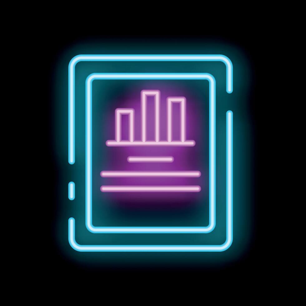 Neon sign showing tablet computer displaying bar chart icon on black background vector