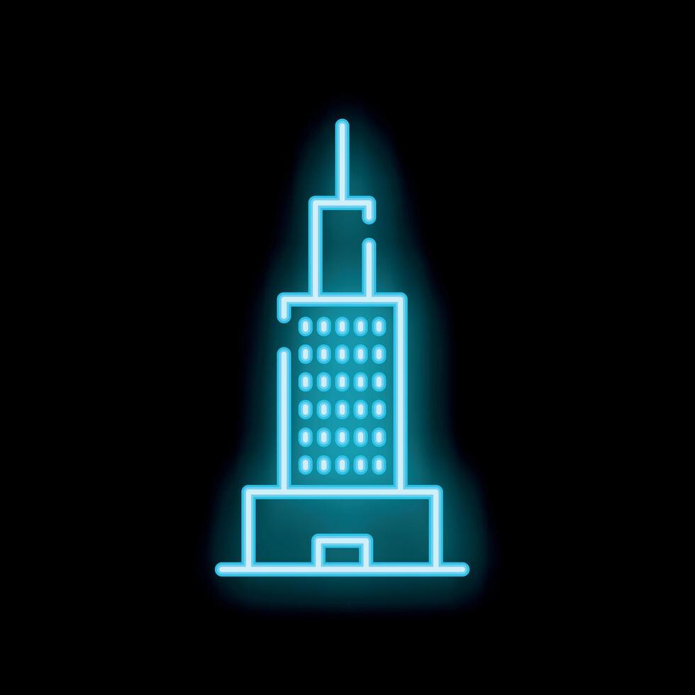 Blue neon sign showing a skyscraper on black background vector
