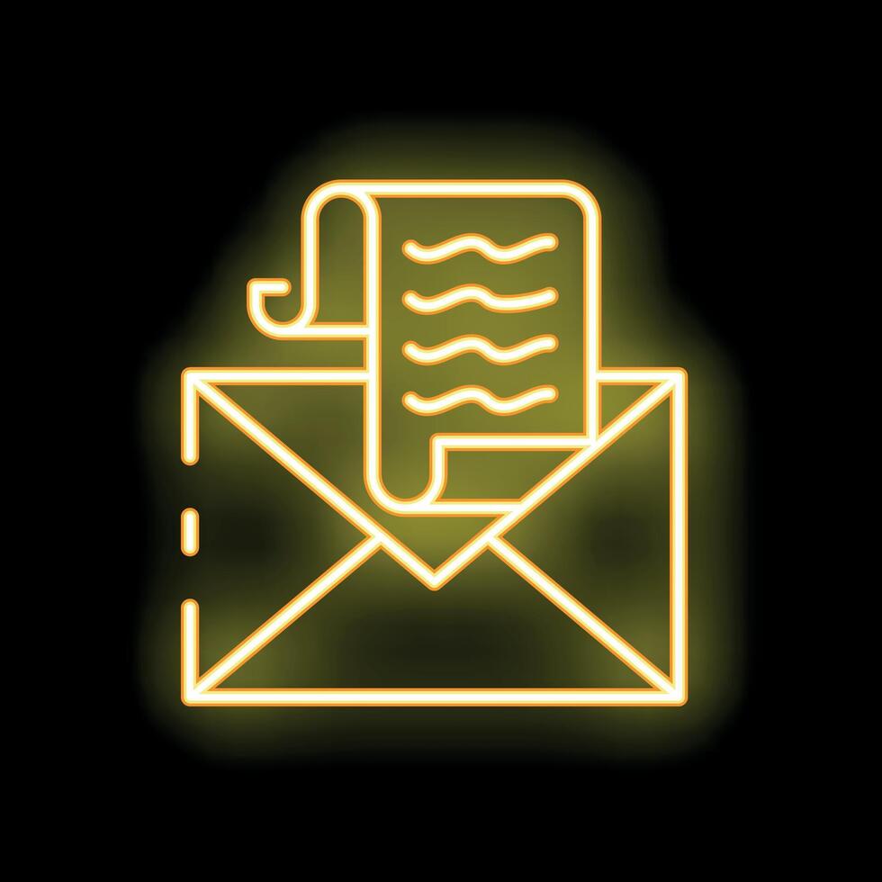 Neon yellow email icon with letter sticking out glowing on black background vector