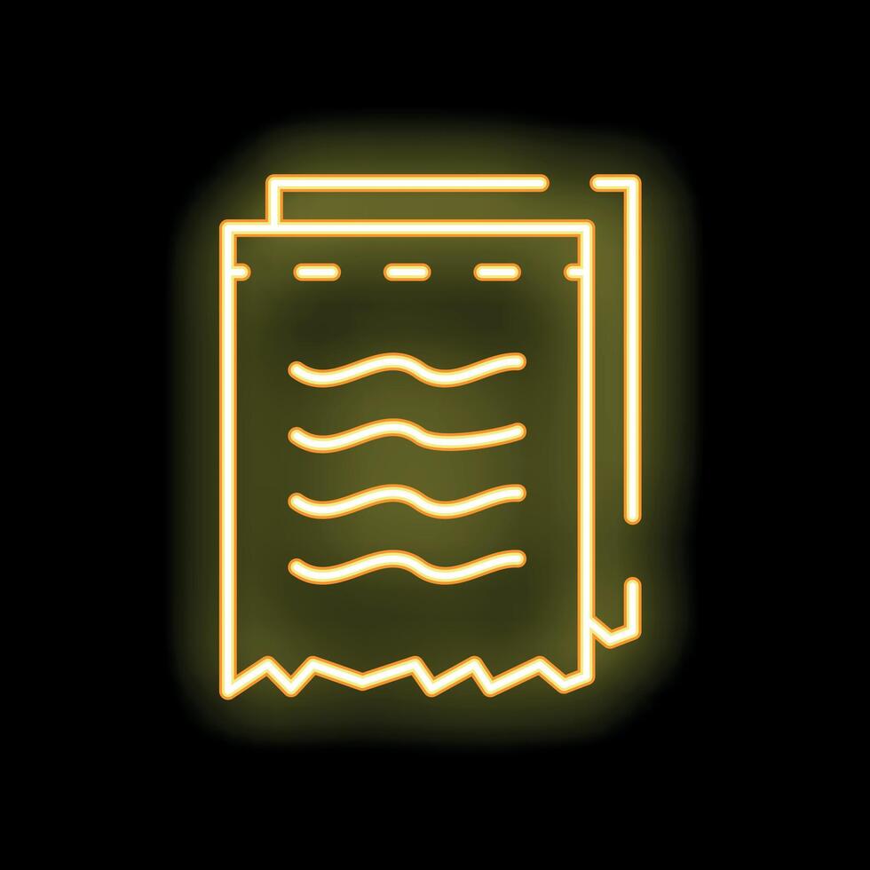 Neon yellow torn receipt icon glowing on black background vector