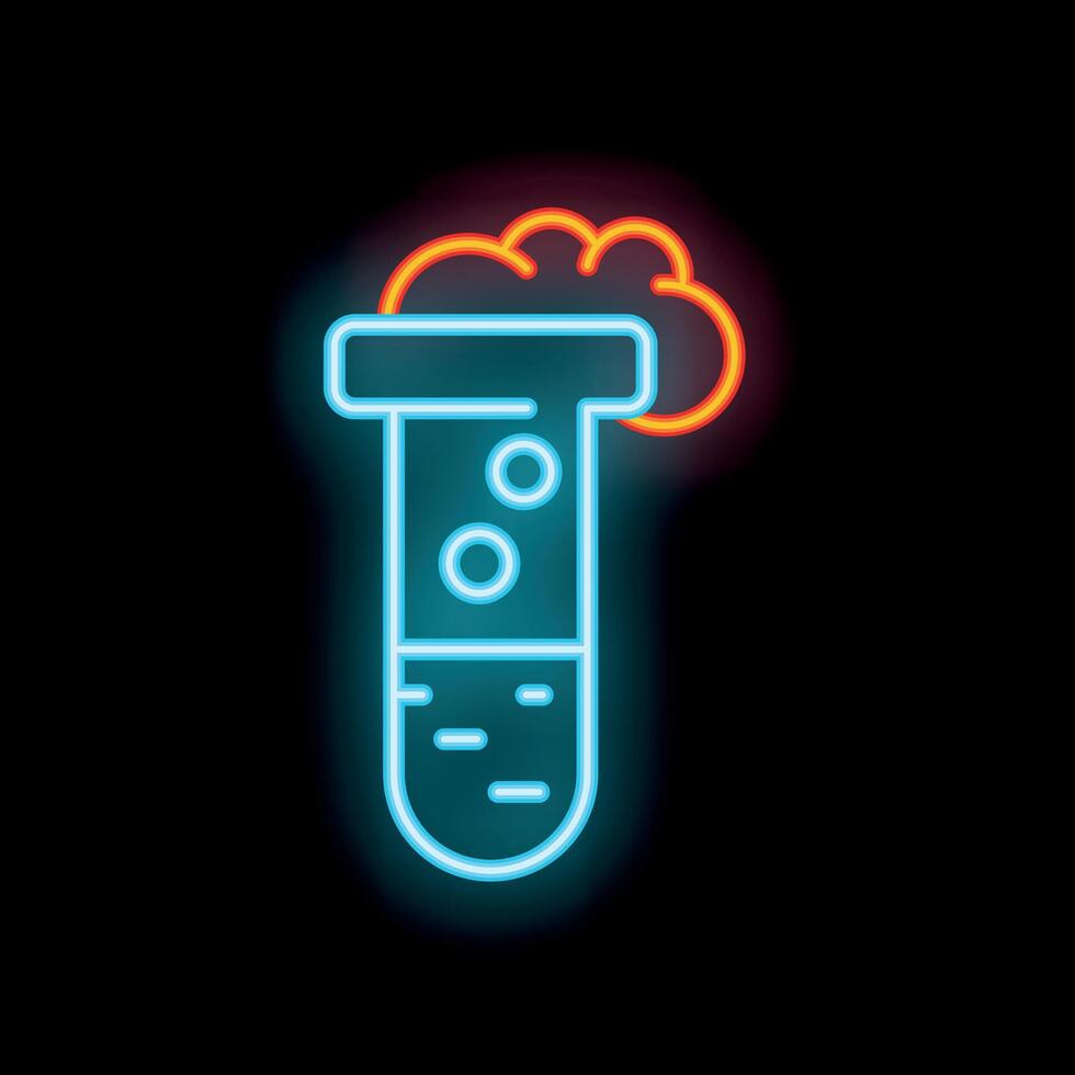 Neon blue test tube releasing red smoke on black background vector