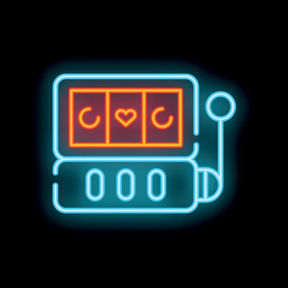Neon slot machine displaying three sevens jackpot on dark background vector