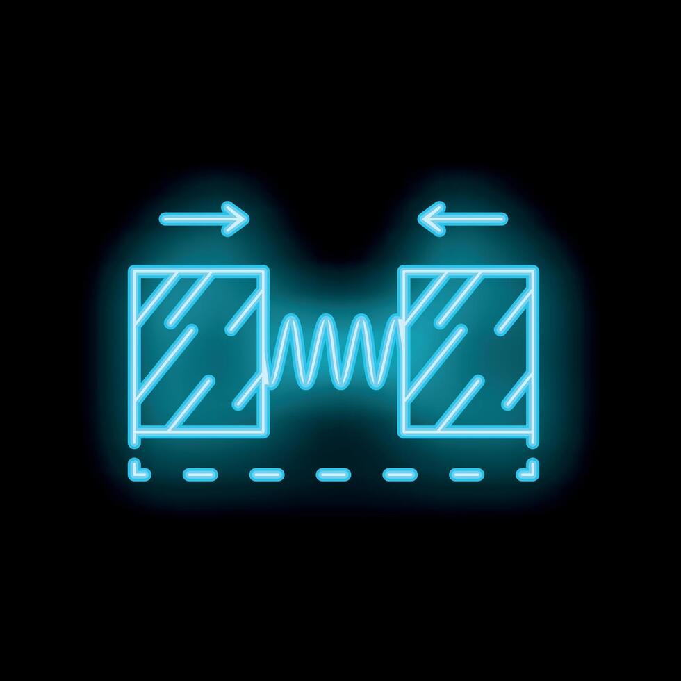 Neon icon of two objects interacting through a force represented by a wavy line vector