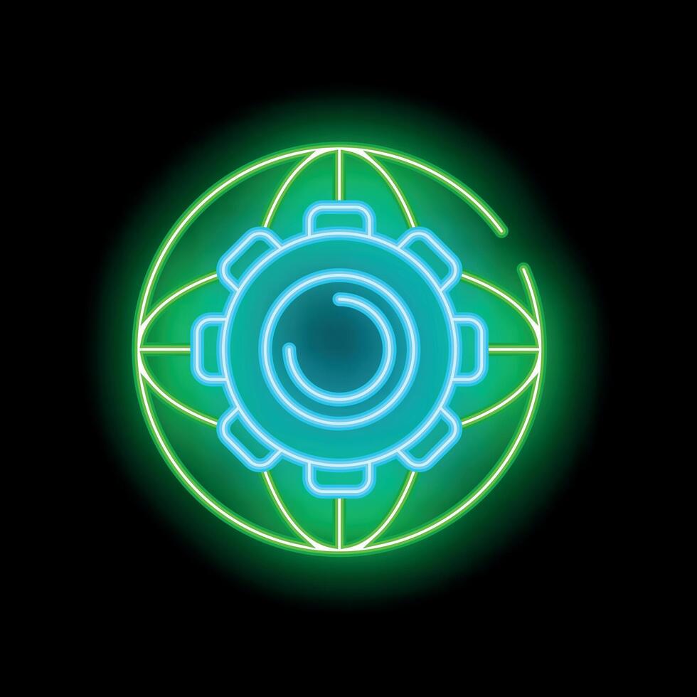 Neon icon of a gear surrounded by a globe representing global industry and technology vector