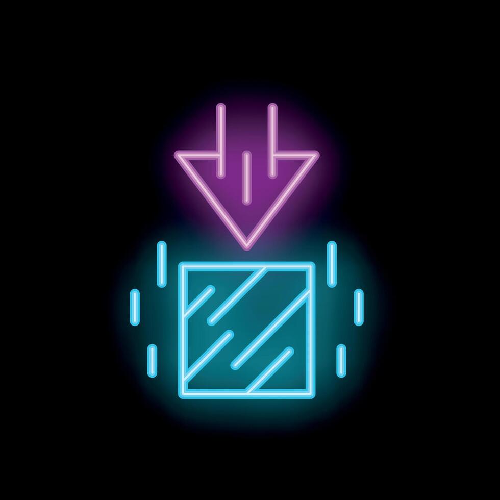 Neon downloading symbol with arrow pointing down to a box vector