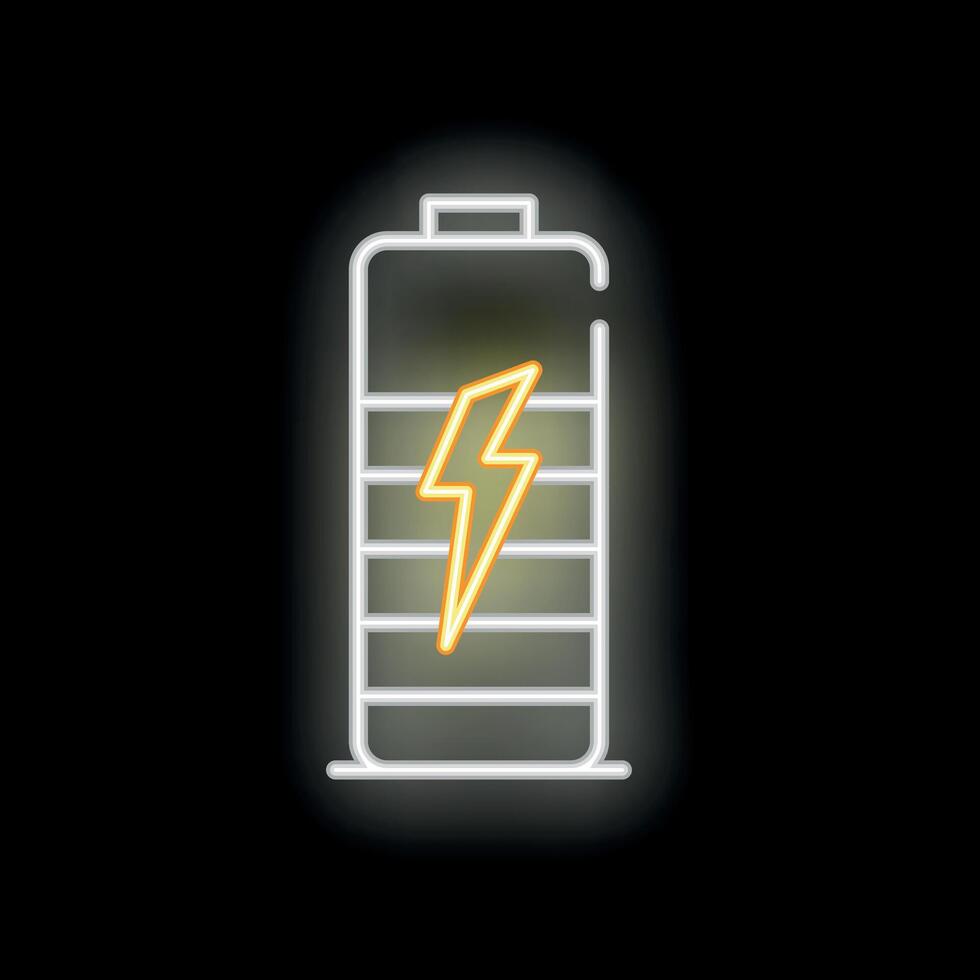 Neon battery icon glowing on dark background vector