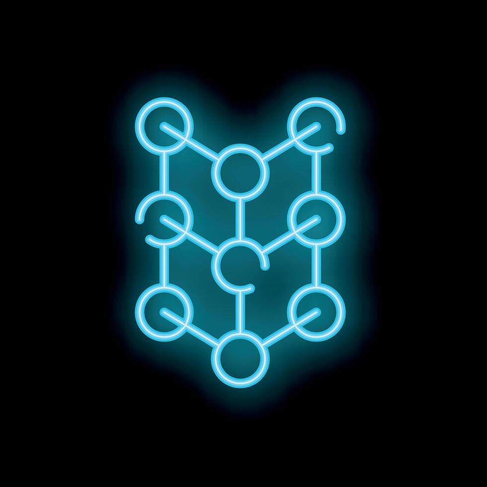 Neon blue blockchain technology icon glowing on black background vector
