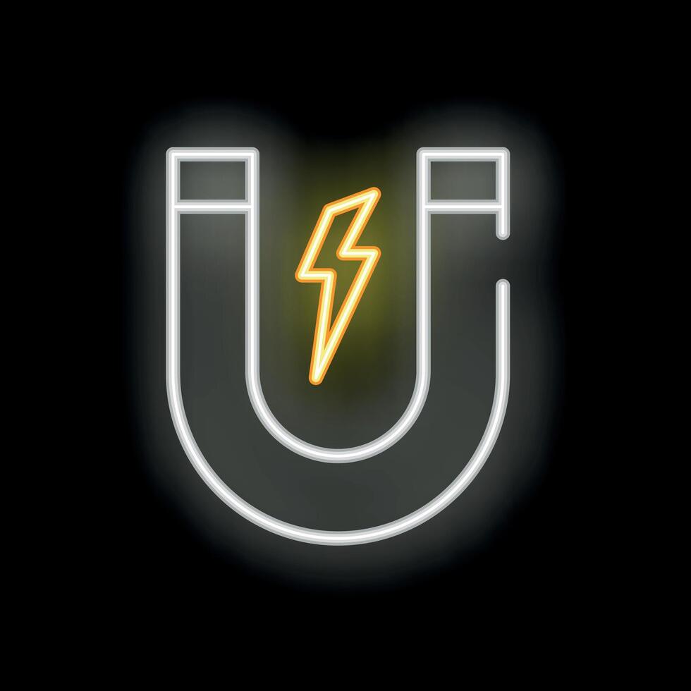 White neon magnet attracting with yellow lightning bolt on black background vector