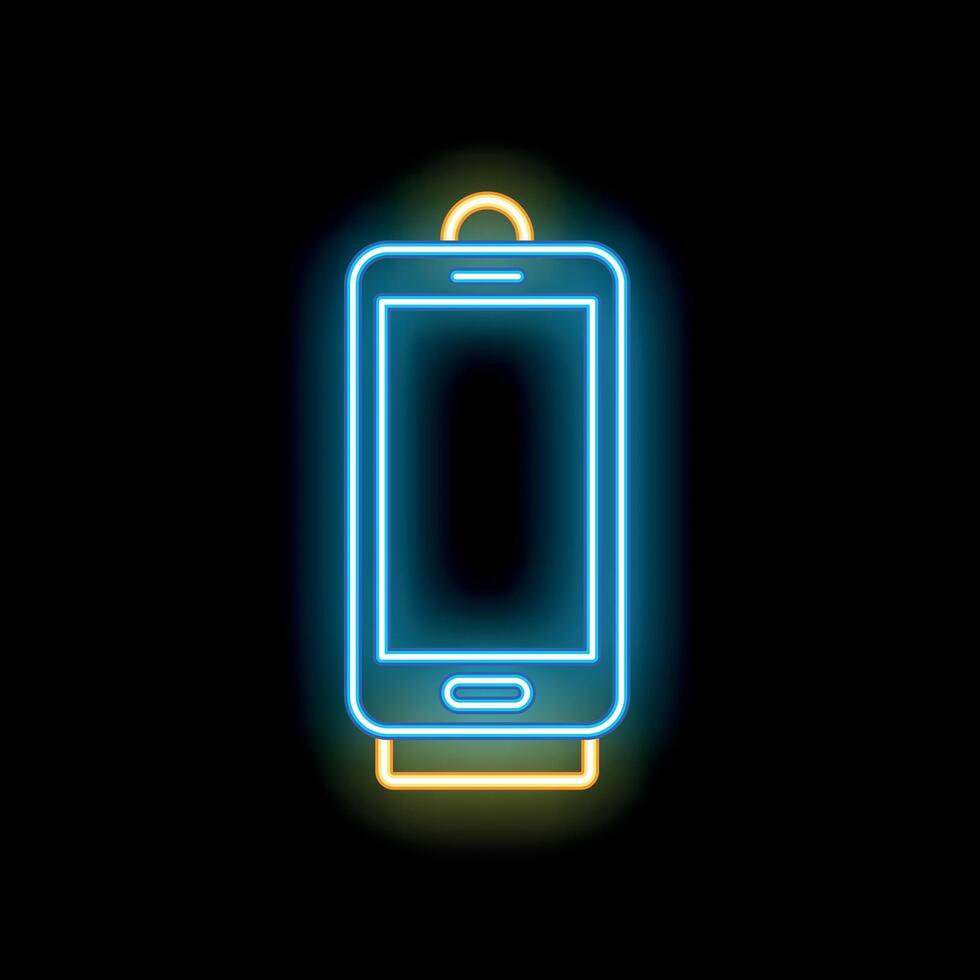 Glowing neon line icon showing a smartphone charging on a stand vector