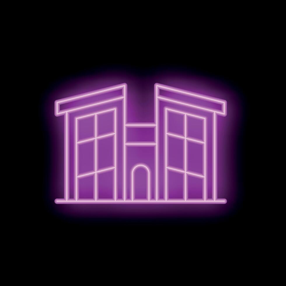 Neon sign depicting a building with glowing windows on a dark background vector