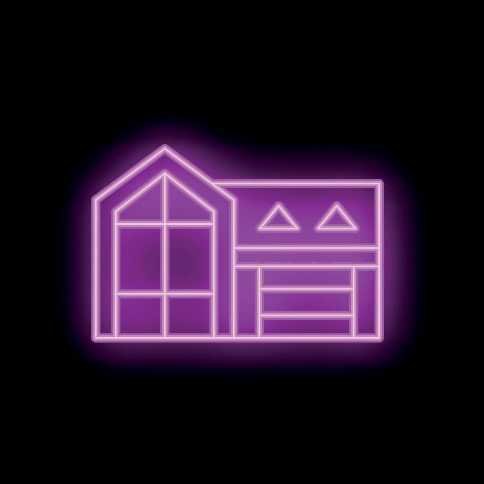 Bright purple neon sign showing a modern house with garage on a black background vector