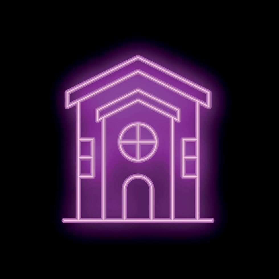 Neon sign representing a house glowing in purple on black background vector
