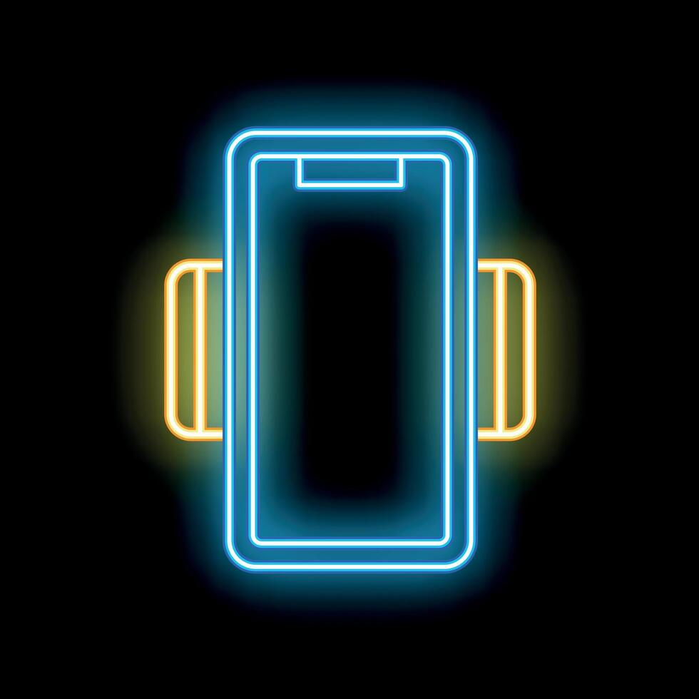 Bicycle handlebar mount for smartphone glowing in blue and yellow neon light vector