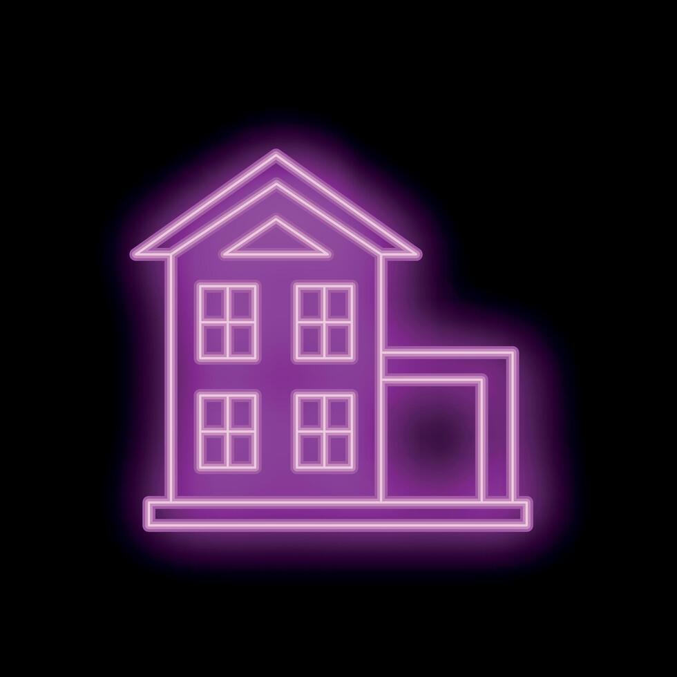 Neon sign of a two story house with garage on black background vector