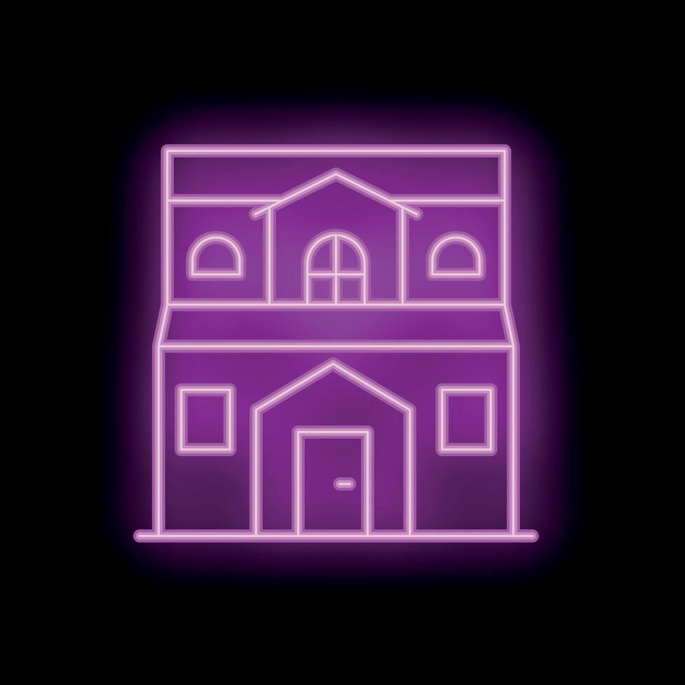 Neon sign depicting a building with glowing windows and doors vector