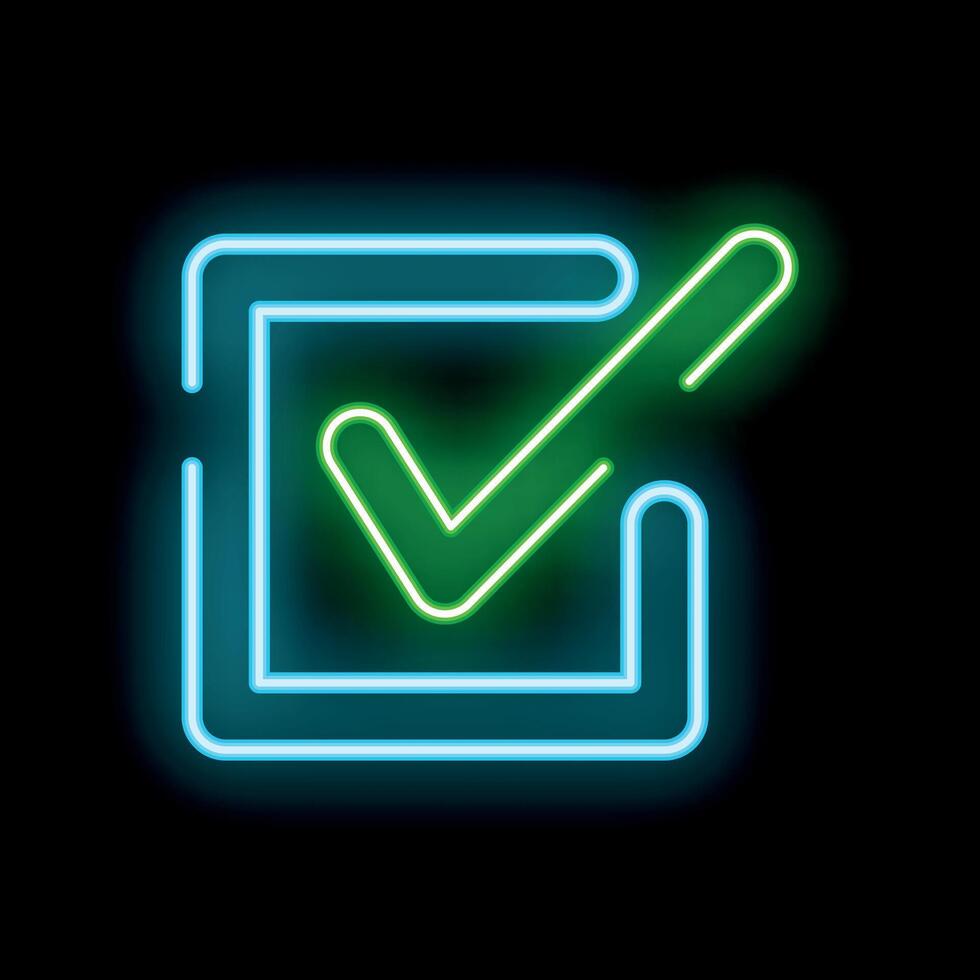 Green neon check mark glowing inside a blue neon square vector
