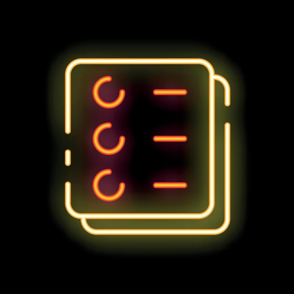 Neon sign showing documents with check marks on black background vector