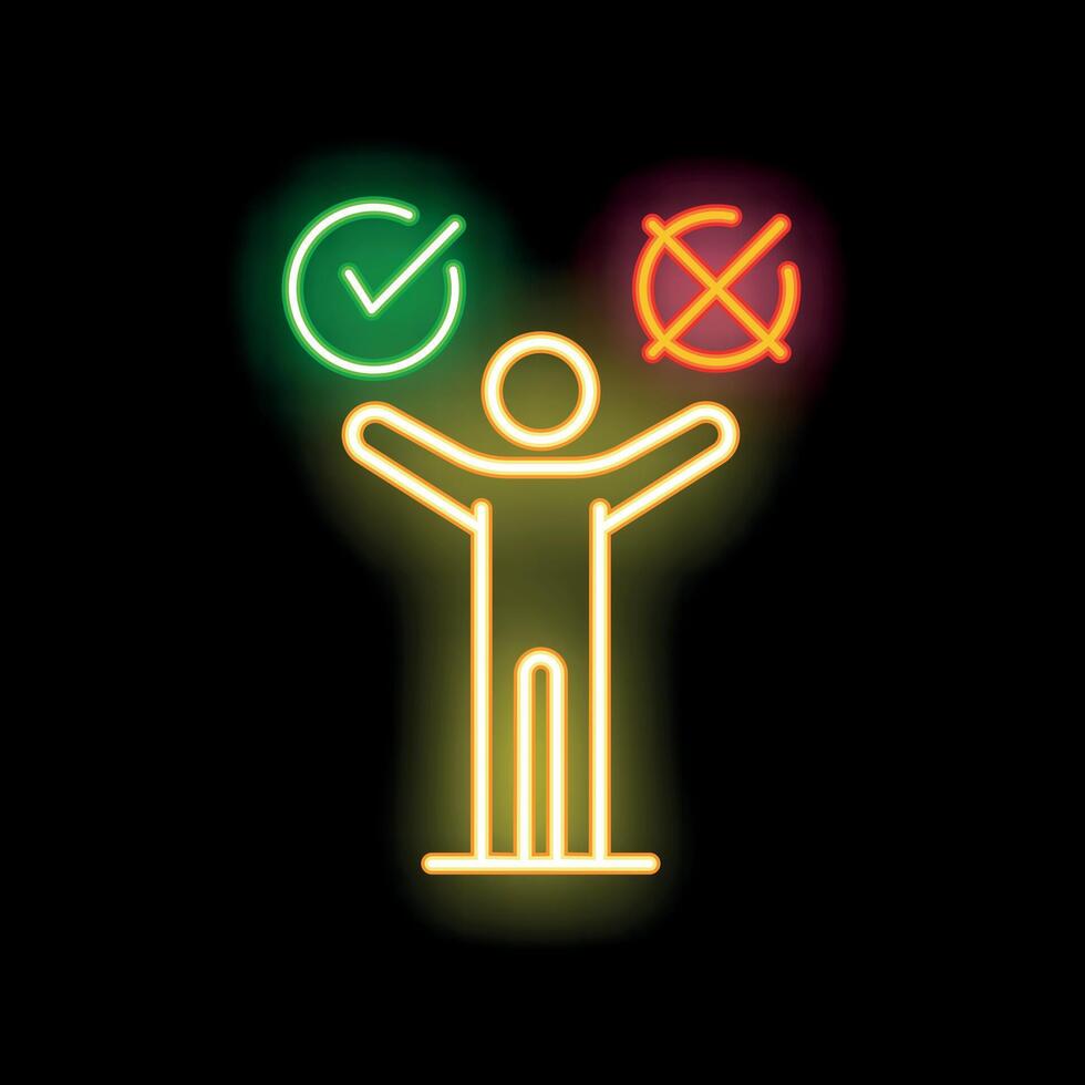 Neon businessman making decision with right and wrong symbol vector