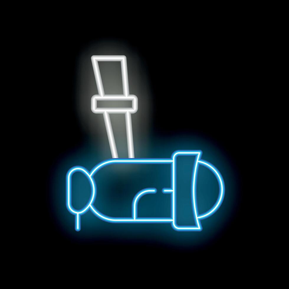 Blue neon icon of a periscope extending from water surface on black background vector