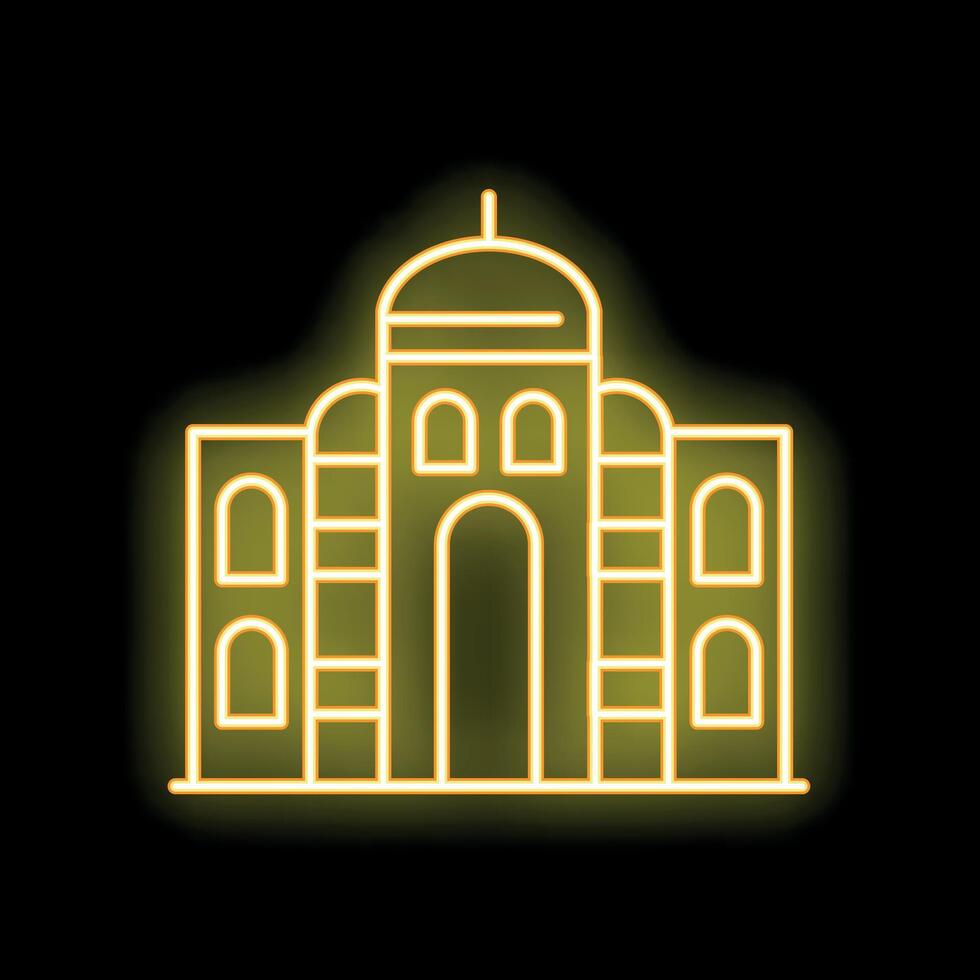 Neon yellow taj mahal mausoleum icon on black background vector