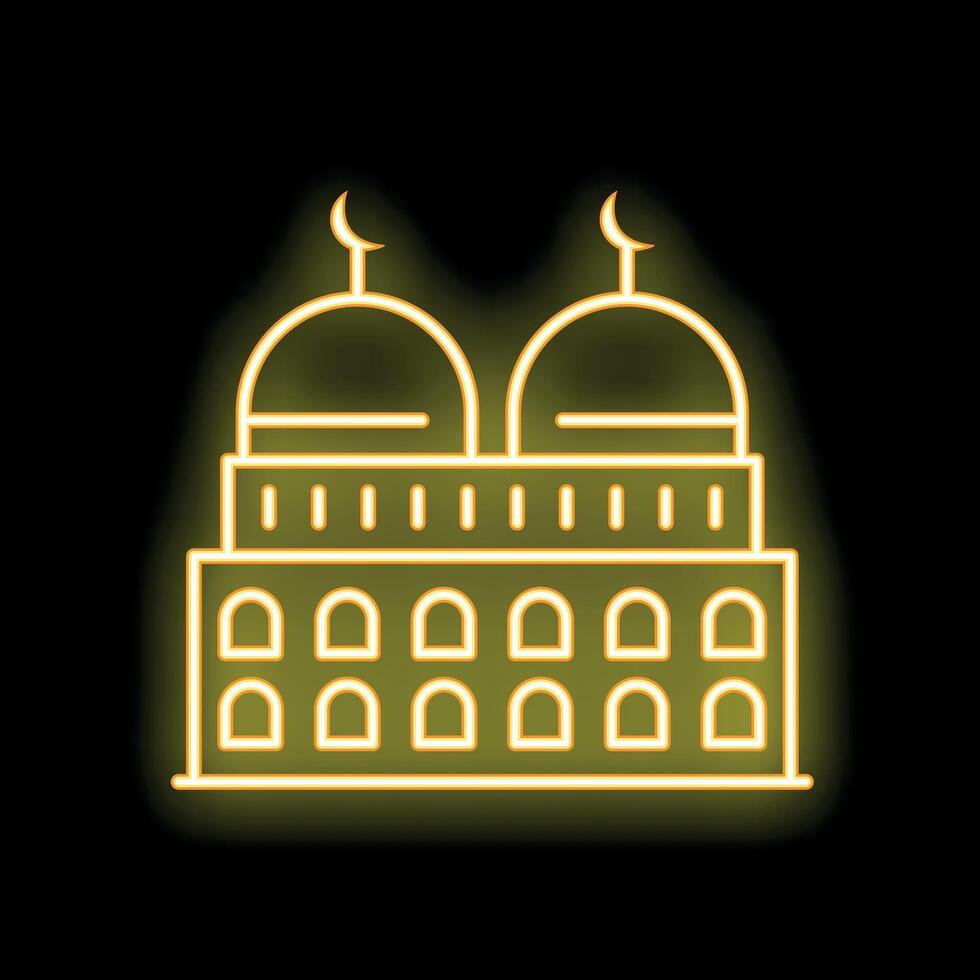 Neon mosque building glowing on dark background vector